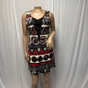 24Seven Knit Dress Short Size Medium Black Red Abstract Geometric Sleeveless NEW